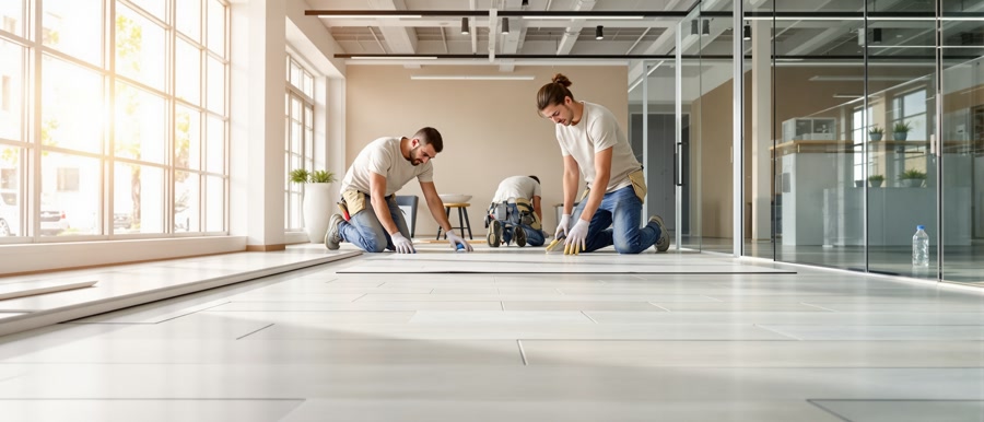 Professional commercial flooring installers at work on an office fitout across Hertfordshire